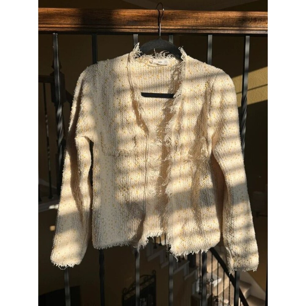 MNG Mango Cream & Yellow Textured Bouclé Fringed Jacket